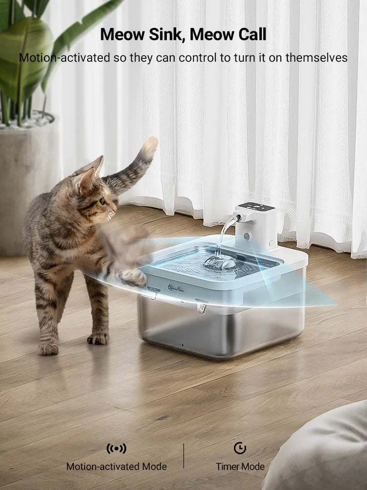 2.5L Automatic Stainless Steel Cat Water Fountain 4000Mah Wireless Pet Drinker Battery & Sensor 2 in 1 Dispenser