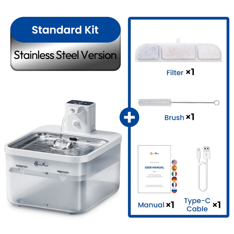 2.5L Automatic Stainless Steel Cat Water Fountain 4000Mah Wireless Pet Drinker Battery & Sensor 2 in 1 Dispenser